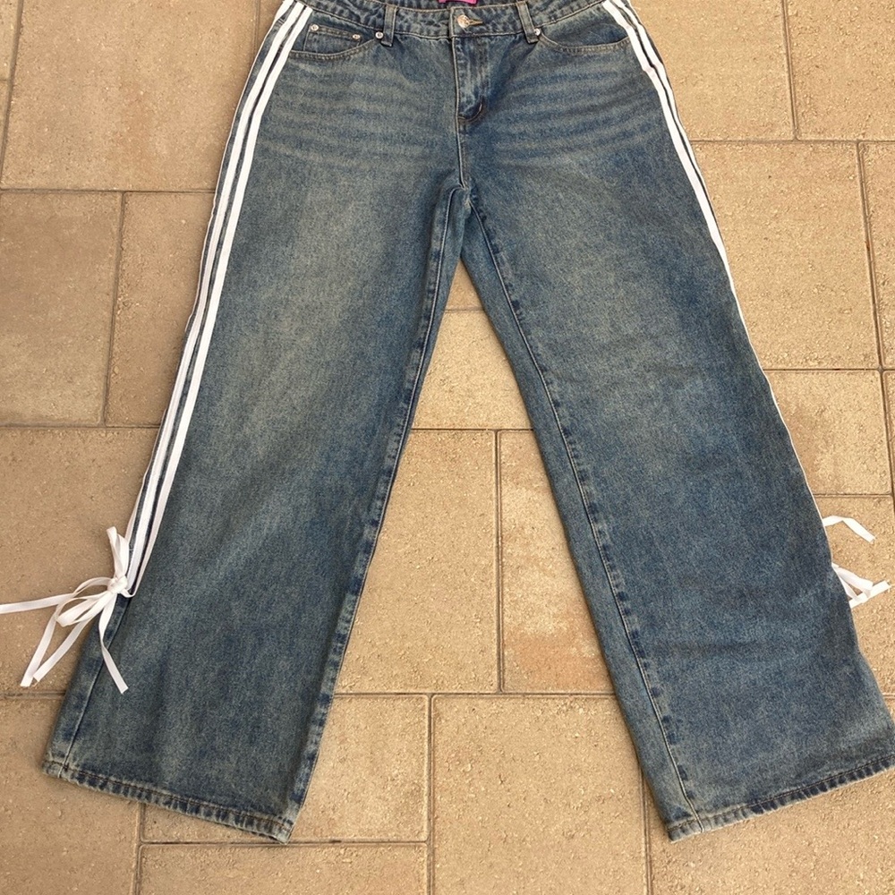 Edikted Blue Flare Jeans with White Stripes
